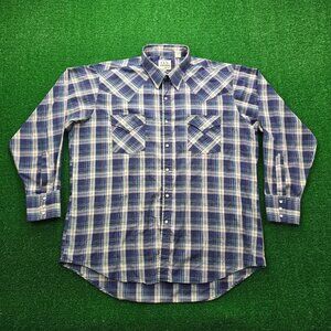 ELY‎ Cattleman Shirt Mens XL Blue Plaid Button Up Western Cowboy Pearl Snap